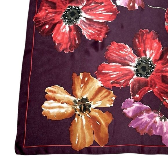 Ellen Tracy Silk Scarf Plum Color Poppy Flowers Print - Picture 9 of 11